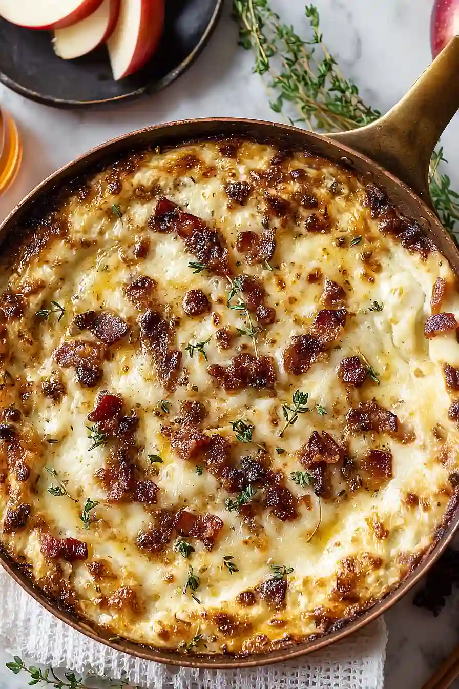 hot caramelized onion dip with bacon and gruyère