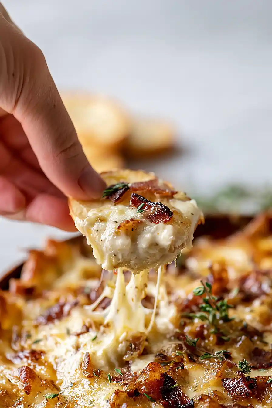 hot caramelized onion dip with bacon and gruyère